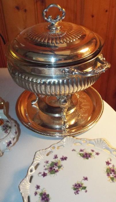 MANY SILVER PLATE SERVING PIECES FOR A CATERER