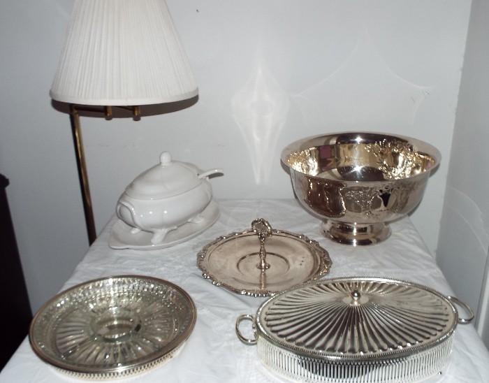 MANY SILVER PLATE SERVING PIECES FOR A CATERER