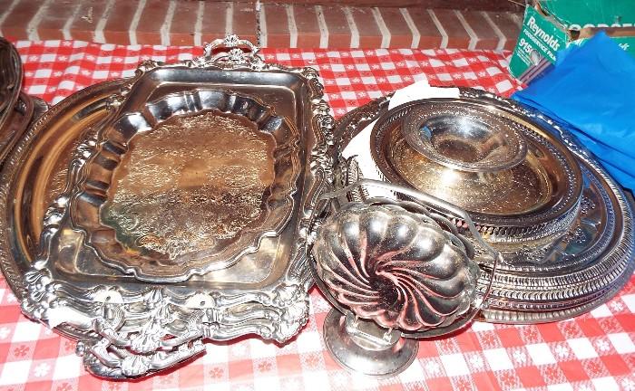 MANY SILVER PLATE SERVING PIECES FOR A CATERER