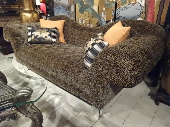 DESIGNER CHEETAH PRINT SOFA WITH MIRRORED LEGS, TUFTED SEAT AND BACK, CURVED ARMS