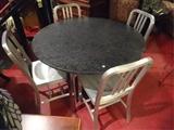 4 ALUMINUM EMECO CHAIRS WITH ALUMINUM AND STONE TOP DINING TABLE