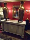 PAIR LARGE CERAMIC GOLD FINISH PALACE URNS ON  WOOD STANDS