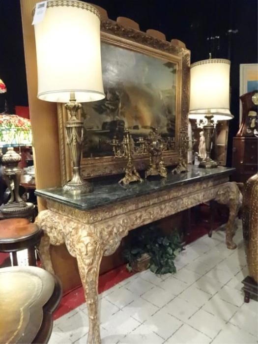 GOLD GILT WOOD CONSOLE TABLE WITH MARBLE TOP