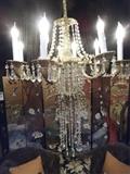 GILT BRONZE CHANDELIER WITH LONG CRYSTAL DROPS