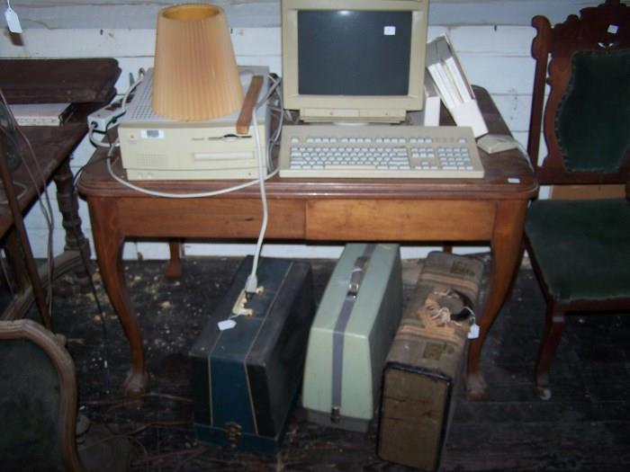 OLDER COMPUTER, MAHOGANY CLAW-FOOT DESK, OLDER SEWING MACHINES & SUITCASE