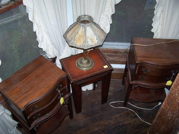 ANOTHER VIEW OF MAHOGANY TABLES & SLAG GLASS LAMP