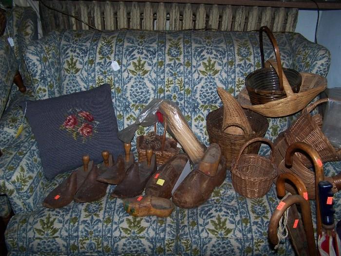SETTEE, WOODEN SHOE FORMS, BASKETS & CANES