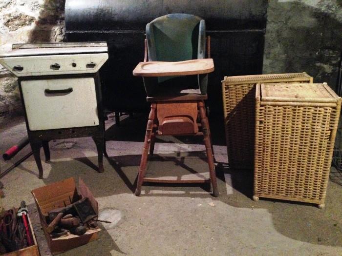 Antique Gas Oven, Wicker Laundry Baskets, Antique Convertible Highchair Stroller 