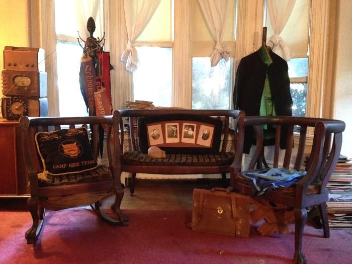 Antique Claw Foot Settee Rocking Chair and Chair Set