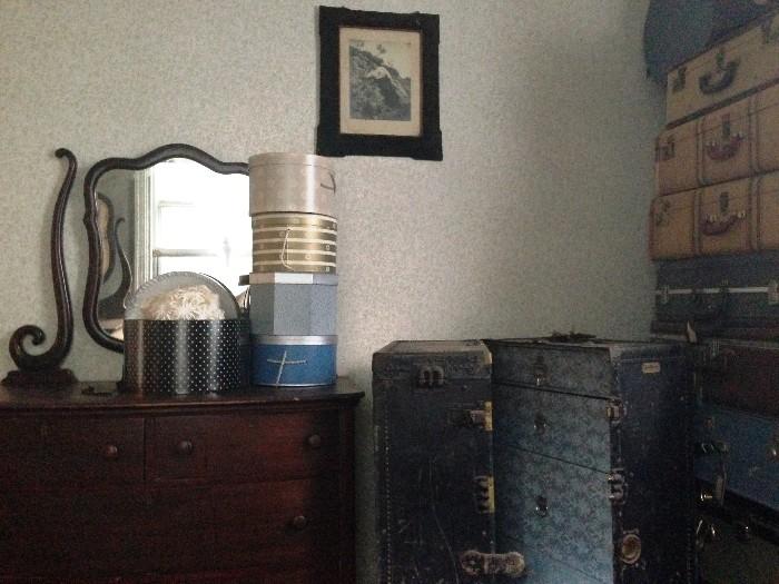 Antique Dresser, Hats, Hatboxes, Trunks, Luggage