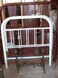 SETS OF RED OR WHITE IRON BED HEAD/FOOT BOARDS WITH SIDE RAILS. ALSO A SET OF BIG  FIREPLACE LOG HOLDERS