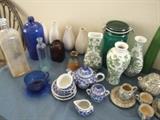 ANTIQUE COLORED BOTTLES, CHINA, VASES TOO