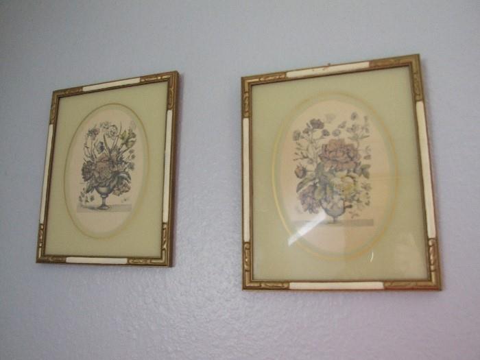 2 SMALL CITRINE FLORAL PIECES WITH EMBOSSED MATTING. ARTIST UNKNOWN