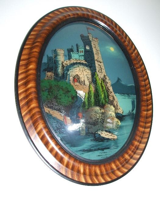 1917 CASTLE IN BELGIUM REVERSE PAINTING IN OVAL DETAILED HAND PAINTED FRAME. CHICAGO PORTRAIT COMPANY. EXCELLENT CONDITION!!