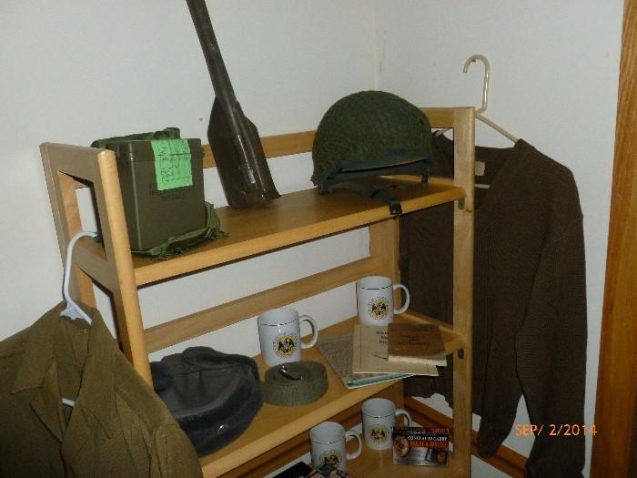 WW2 Veteran's shirt, sweater and trench shovel. Many WW2 collectibles and a East German hat too.