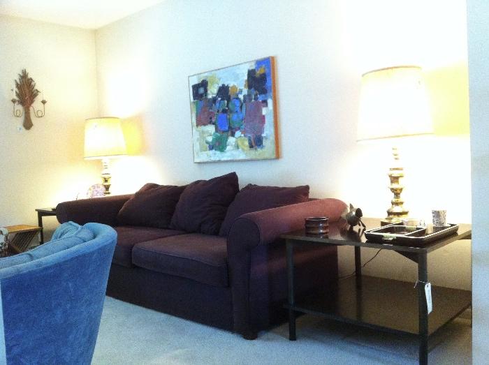 Pottery Barn sofa, mid century tables, brass lamps, original abstract canvas.