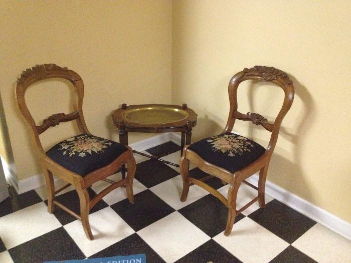 Rare 1970's Drexel Tray Table, Pair of late 1800 chairs w/original needlepoint seats                                             