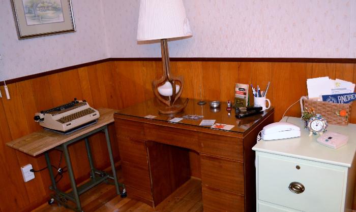 Vintage Typewriter and Table, Desk, File Cabinet, some Office Supplies, Great Wood Lamps (pair, one shown)