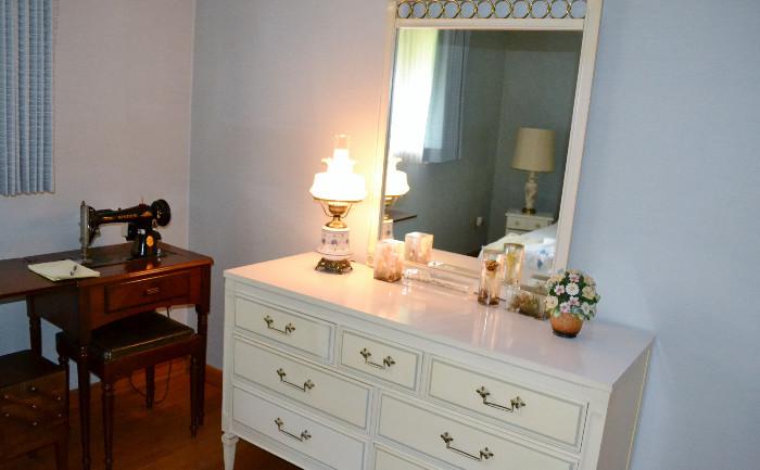 White Mirrored Dresser, Boudoir Lamp