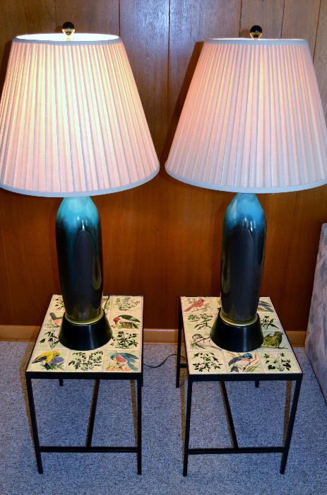 Blue Ombre Ceramic Lamps, Bird Tile Tables