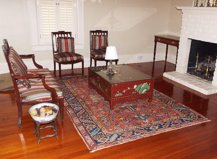 Spear Back Carved Mahogany Settee and Matching Chairs-ASIAN ACCENTS, ANTIQUE ORIENTAL RUG