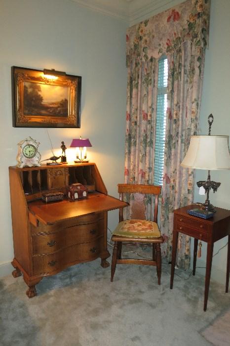 19th C Curly maple Chair, Curly Maple Veneer Desk