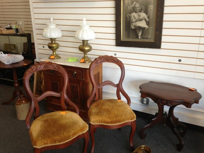 Victorian style chairs, marble top commode, tables, and more.