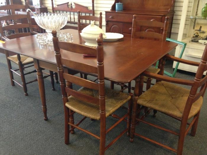 Gate-leg table and 6 rush seat chairs.