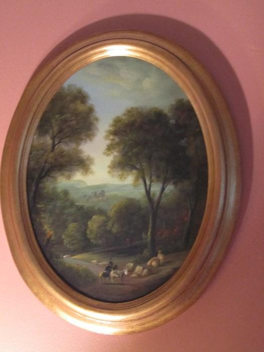 One of a Pair of Oval Georgian style Landscape Paintings, Classical Motif