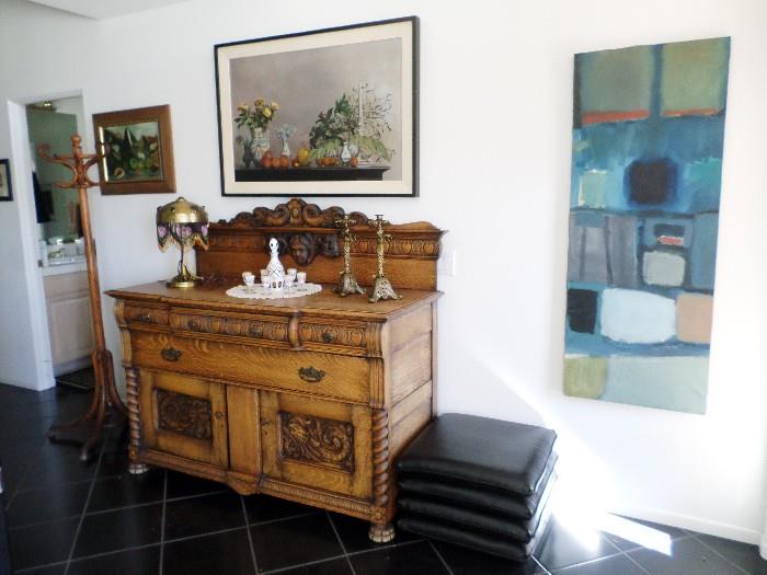 Incredibly 19th century solid tiger oak carved sideboard. Circa 1950