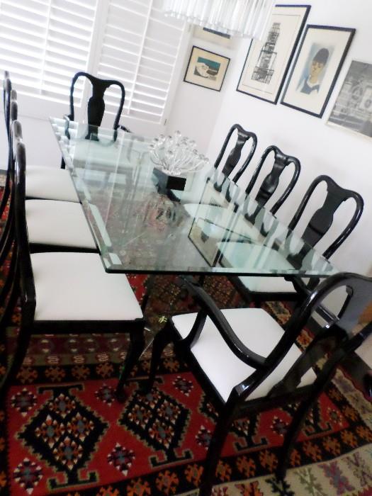 Glass Top Dining table, 10 chairs ( 2 arm)