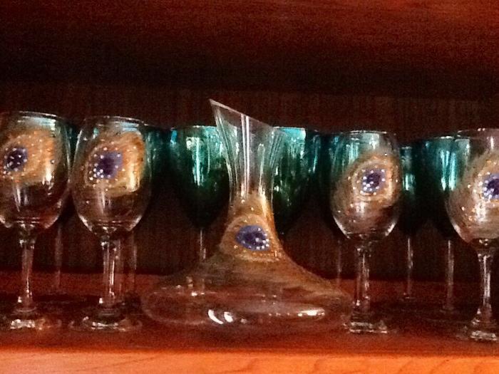 Peacock decanter and wine glasses