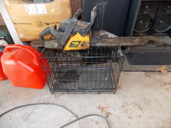 Poulan chain saw, gas cans, pet cage
