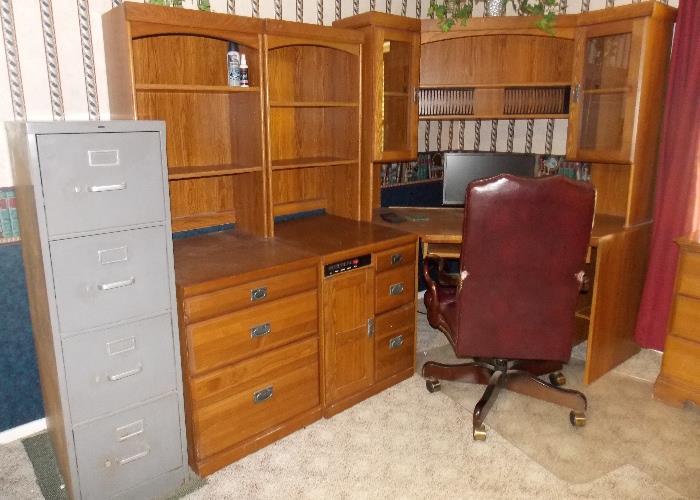 Corner desk, Computer, office chair, 4 drawer file cabinet
