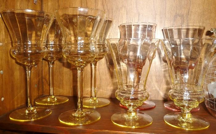 1920's Yellow Vaseline Ribbed Glasses Utility Glass Co. 