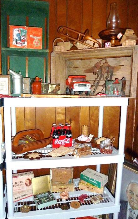 Wooden Crates, Vintage Metal Skates, Toy Truck, Cigar Boxes