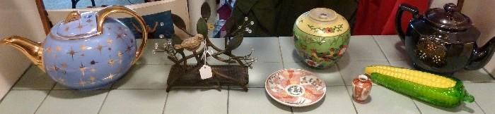 Hall #0749 Teapot, Bird Design Napkin Holder, Japan Ginger Jar, Plate & Miniature Vase, Glass Corn on the Cob