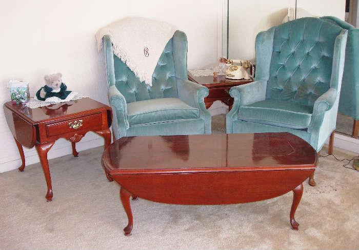 pair wing back chairs and Queen Anne style legs end tables and coffee table