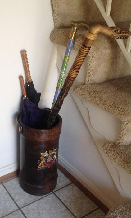 Leather Umbrella Stand and Canes