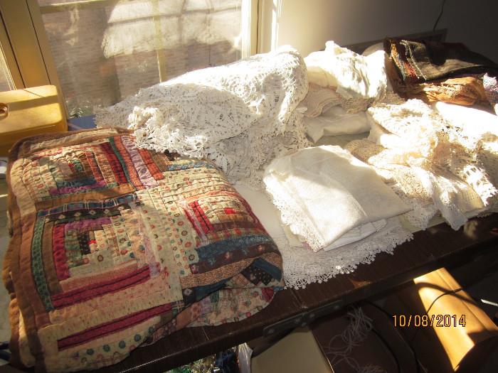 VERY old log cabin quilt and doilies