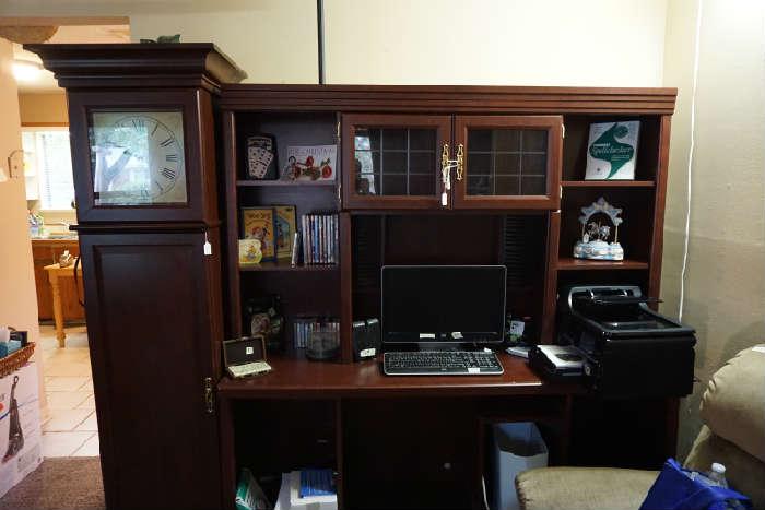 Office furniture with matching tall clock, HP computer set up, HP printer