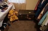 trunk coffee table, stuffed bear in child's vintage rocker