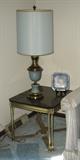 Metal & glass top end table & Rembrandt table lamp, Asian plate decor