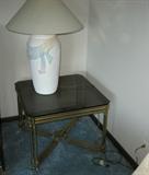 Pair of metal lamp tables & signed pottery lamp Lee Reynols