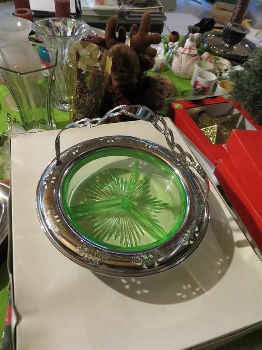 Green depression glass divided bowl