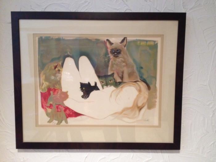 Original Watercolor Reclining Nude with Cats