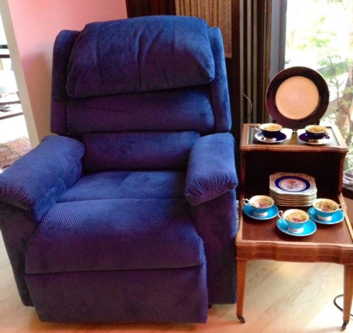 Electric Lift Chair in Brilliant Blue, MCM two tier Side Table with Leather Tooled Top