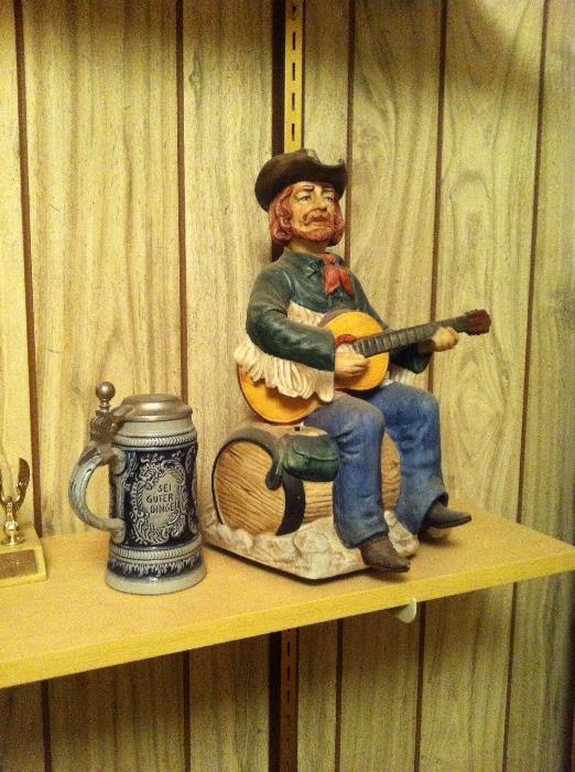 Pewter Mug, Cowboy Musical Figurine, Wood Shelves