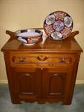 Victorian walnut commode with newer Imari charger and bowl