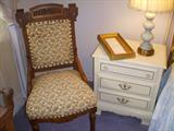 Victorian chair and French Provincial night stand
